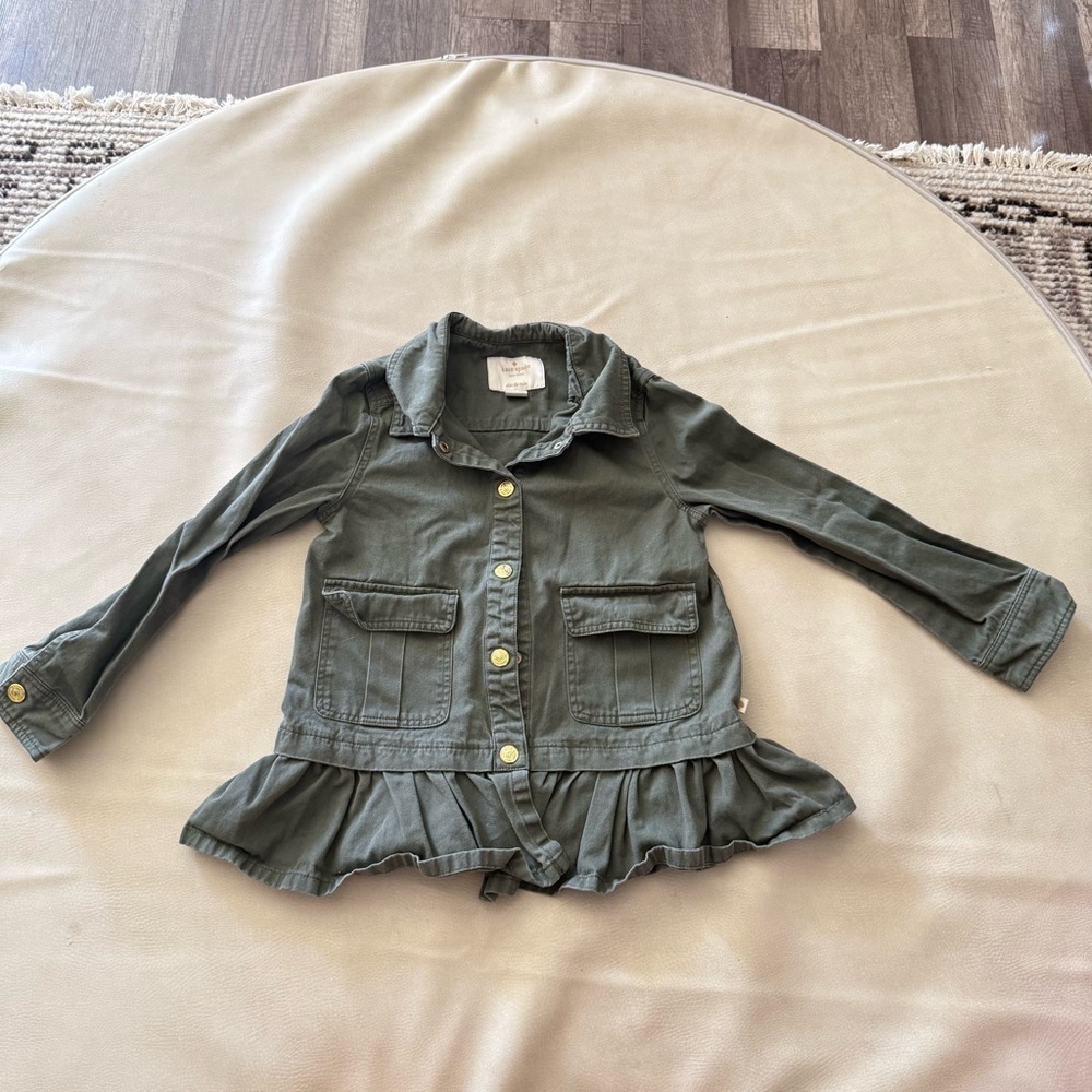Kate Spade Girls Green Ruffled Field Jacket Gold Buttons Pockets